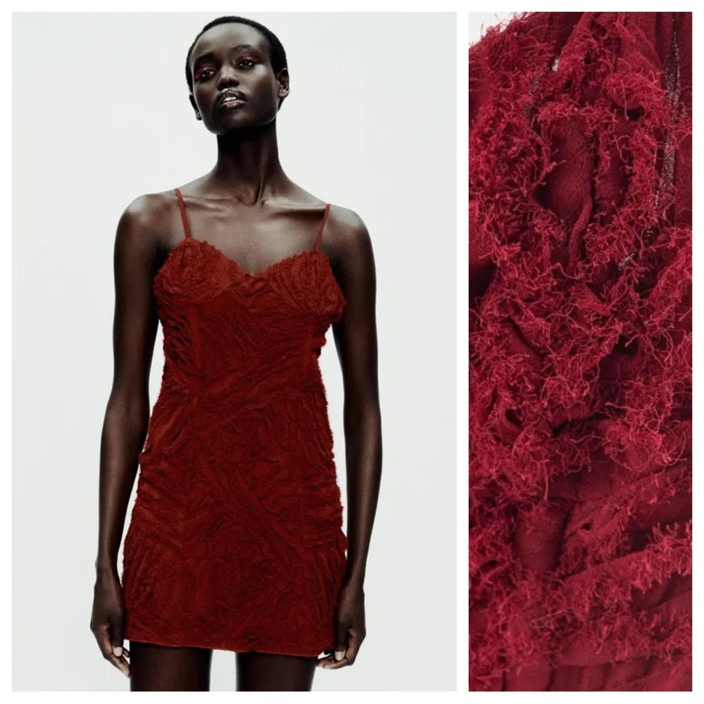 NWOT. Zara Limited Edition Red 100% Viscose Textured Pattern Short Dress Size M.